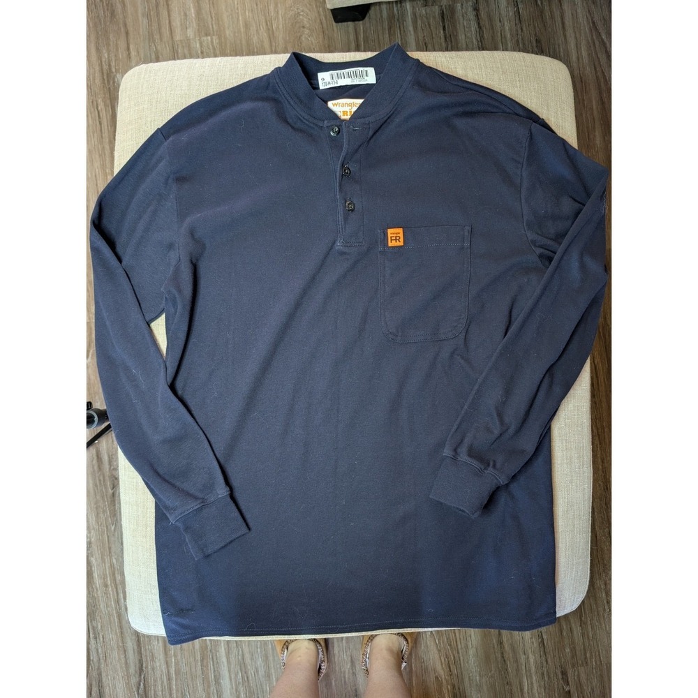 Wrangler Flame Resistant Long Sleeve Workwear Navy Blue Henley Oversized Mens‎ M